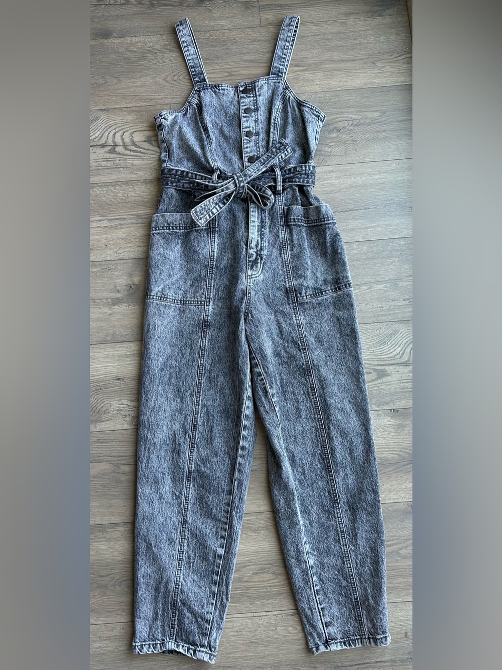 Universal Thread Acid Wash Denim Jumpsuit with Tie Belt - Black/Gray - Picture 2 of 9
